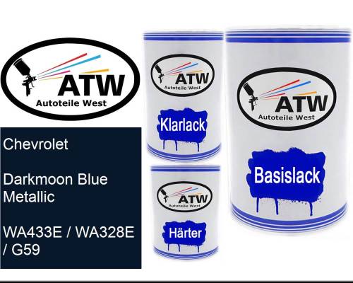 Chevrolet, Darkmoon Blue Metallic, WA433E / WA328E / G59: 500ml Lackdose + 500ml Klarlack + 250ml Härter - Set, von ATW Autoteile West.